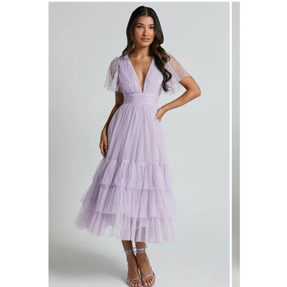 Showpo Jiraye Midi Dress Flutter Sleeve Tulle Plunge Lilac Sz 12 NWT - Picture 11 of 12